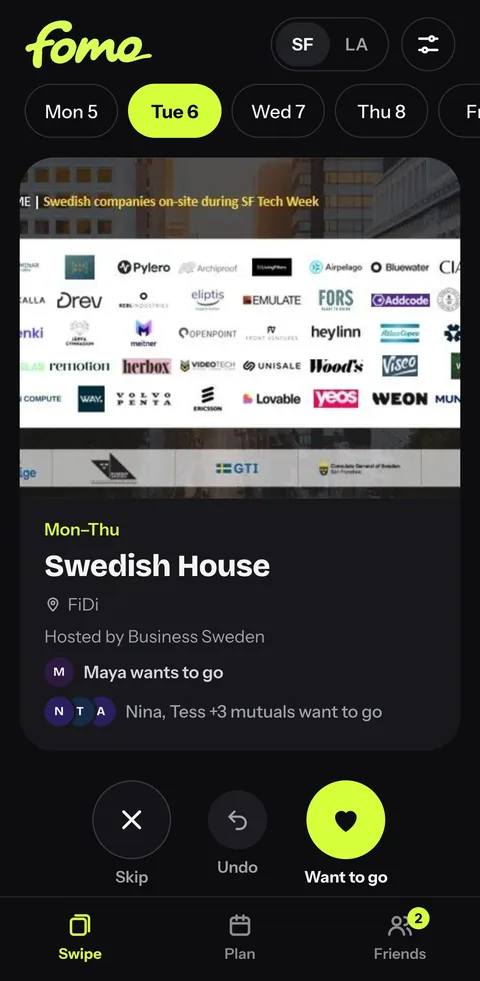 fomo's swipe deck of Tech Week events