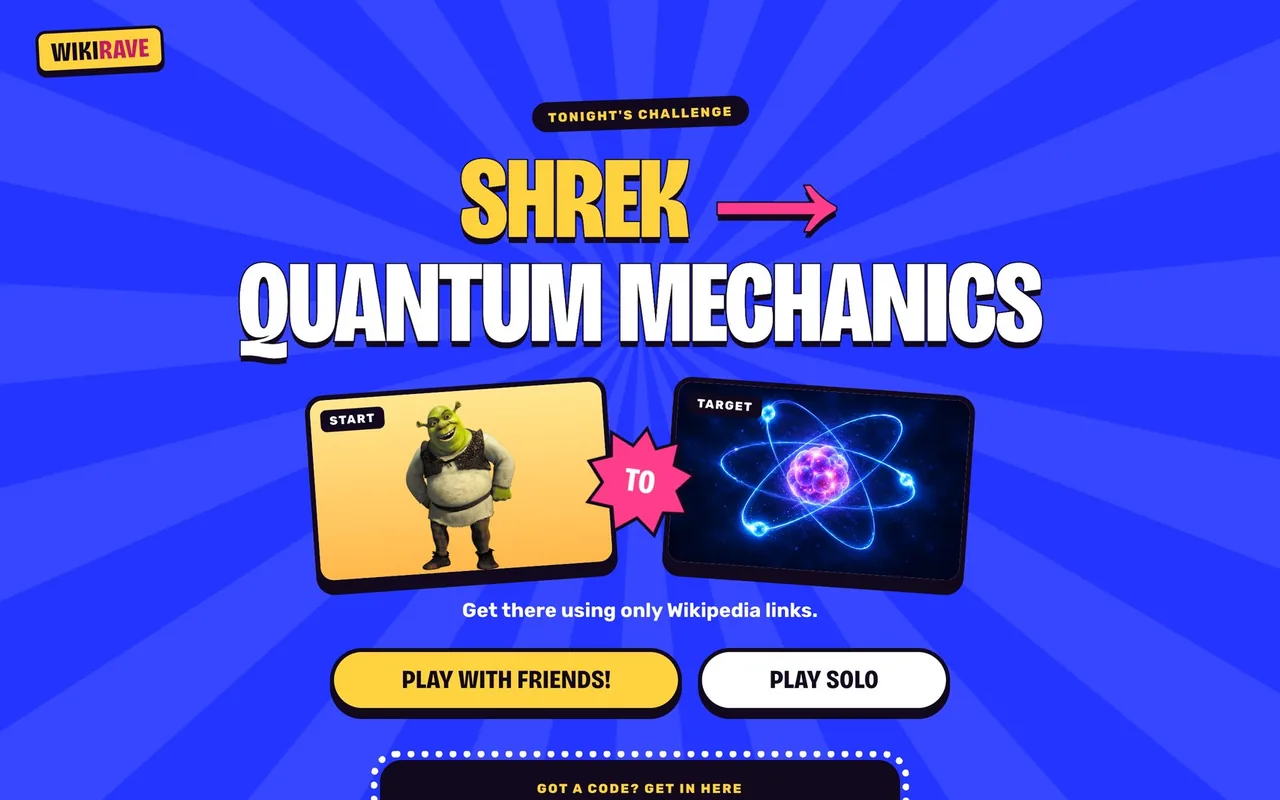 Wikirave's home screen, with tonight's challenge: Shrek to Quantum Mechanics